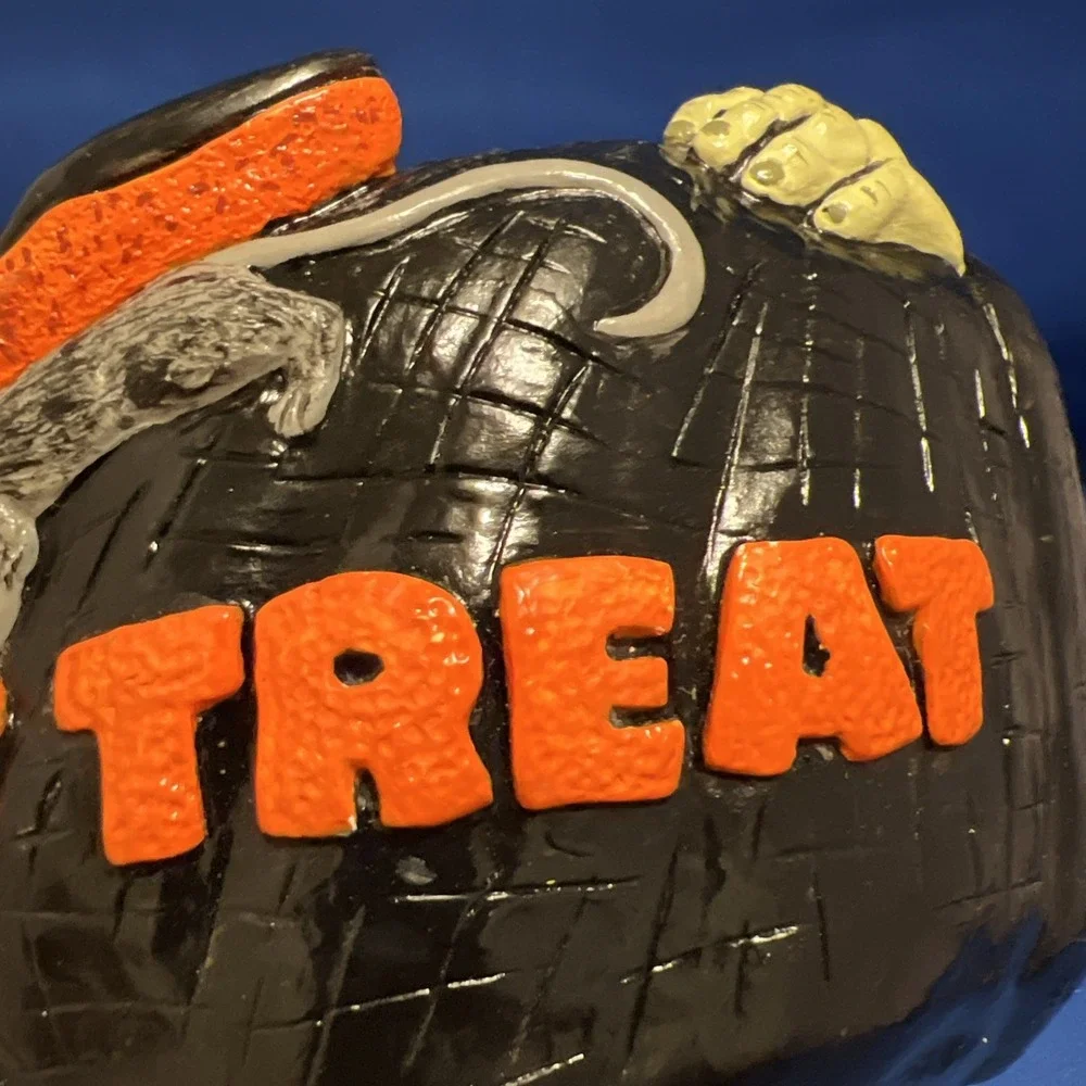 Vtg '85Accents Unltd Halloween Trick Or Treat Witch Owl Cat Chalkware Candy Bowl